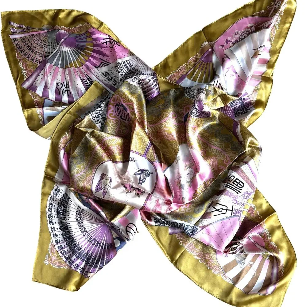 Pure silk scarf large square luxurious feel Asian fans motif sage green & pink